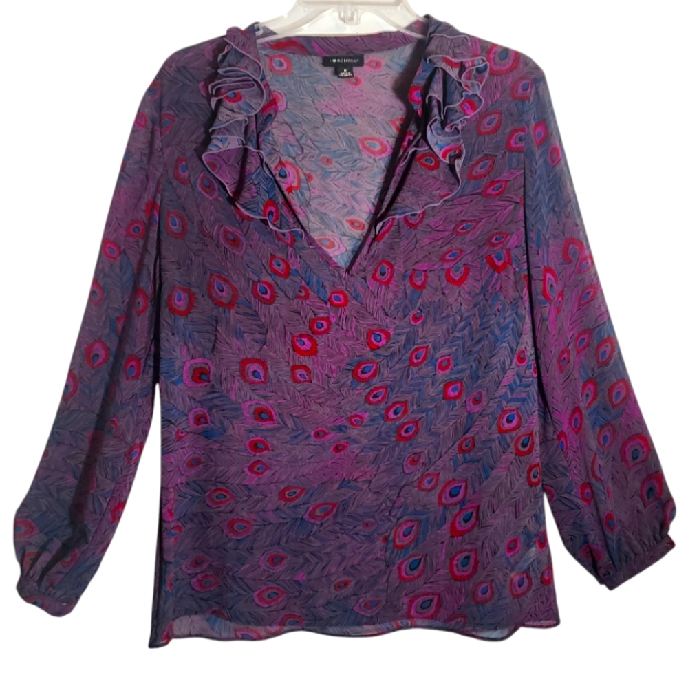 Ronson med sheer paisley print long sleeves polyester pullover blouse. 7003